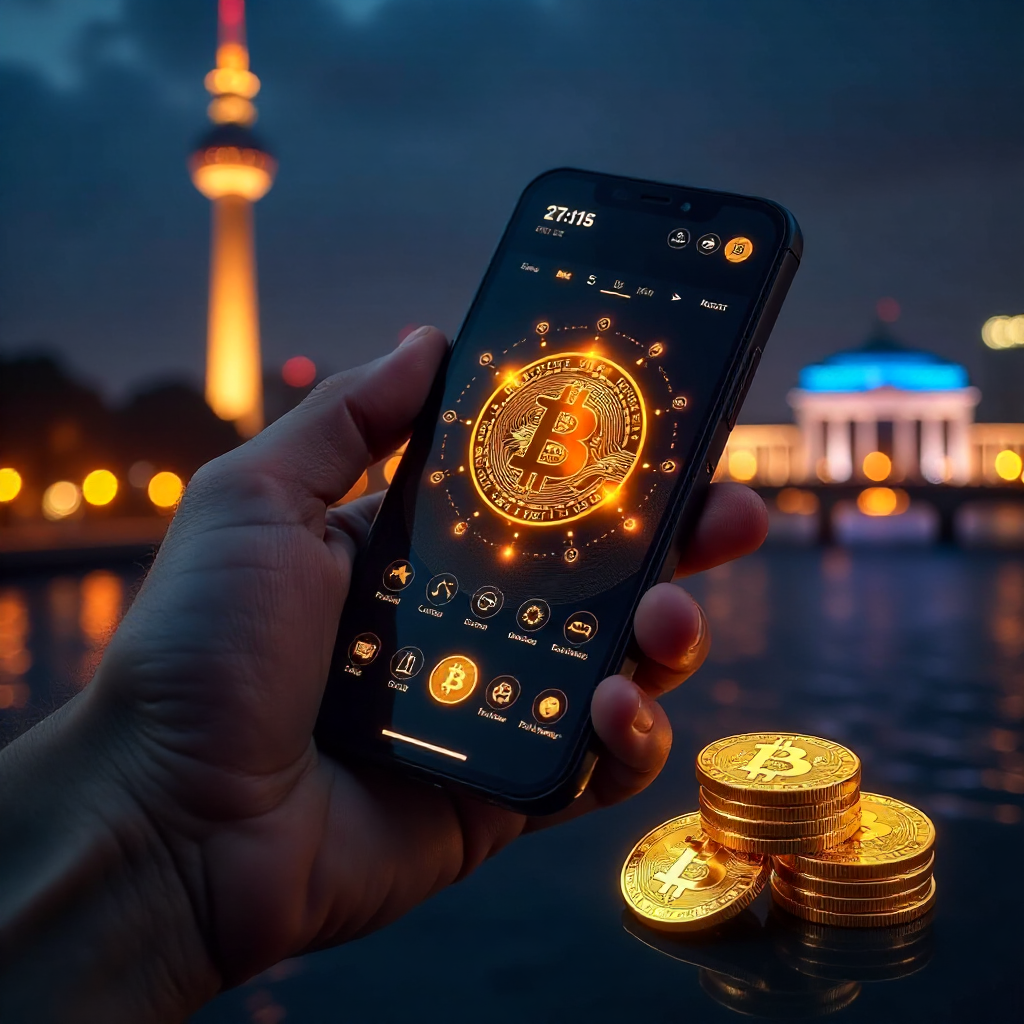 A hand holding a luxury smartphone displaying a high-tech Bitcoin poker app interface with glowing orange and gold accents, background is the Berlin skyline with the TV Tower (Fernsehturm) at night, 3D golden Bitcoin coins and a Royal Flush of playing car
